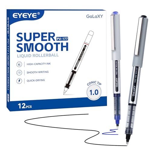 EYEYE Rollerball Pens 1.0mm, 12 Pack (6 Black 6 Blue) Roller Ball Pen Quick Dry, Liquid Ink Pens Bold Point Smooth Writing Pen for Journaling, Note Taking, Office, School Supplies - color: Black+Blue, size: 1.0mm