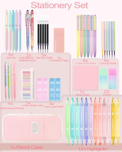 JIZHIYUAN 53PC Aesthetic School Supplies with Pink Pencil Case for Students - color: Multicolor，Black