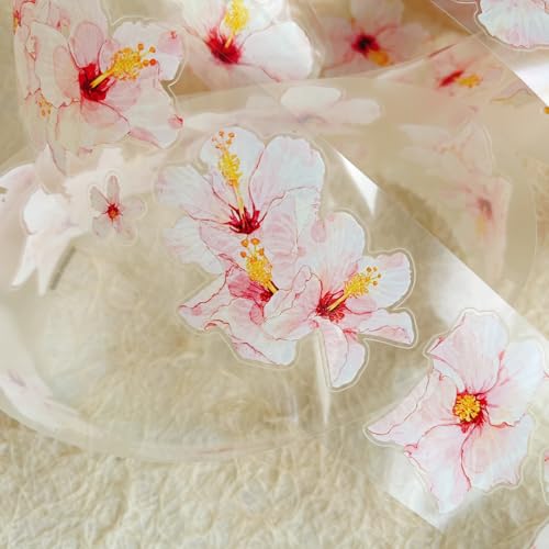 Seahorse Forest Vol8 A46 Vintage Pink Hibiscus Follower,Pre-Cut Floral Clear PET Tape Stickers,for Scrapbook Supplies,Scrapbook Tape Stickers,Junk Journal Supplies - style: Clear PET