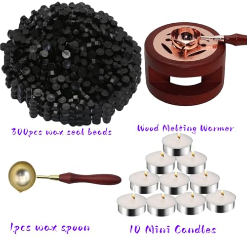 Sealing Wax Beads Kit,Atopbb 300pcs Black Wax Seal Beads,1pcs Wooden Wax Seal Warmer,1pcs Melted Spoon and 10pcs Tea Candles for Wax Sealing Stamp Kit (300, Black) - color: Black