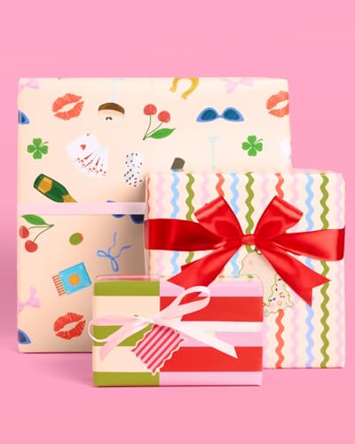 xo, Fetti Girlhood Trendy Wrapping Paper + Tag Set - 12 Sheets | Birthday Gift Wrap, Decorative Christmas Bag, Bachelorette Party Favor