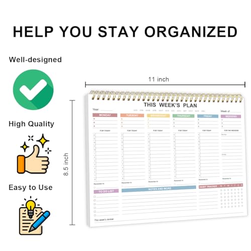 (3-Pack) Undated Weekly Planner - 8.5" x 11" Undated Daily Productive Weekly To Do List Notepad for Home, Work, School, Projects, 52 Weeks, Clean Colorful Design - size: 3 Pack
