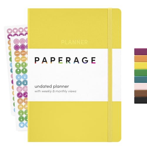 PAPERAGE Undated Weekly & Monthly Hardcover Planner (Yellow), 5.6 in x 8 in, Includes Lined Note Pages & 2 Sticker Sheets - color: Yellow, style: Casebound