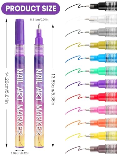 EBANKU 12 Colors Nail Art Pens Set, 3D 0.5MM Nail Polish Pens Graffiti Dotting Pen Quick-Drying Acrylic Nail Paint Liner Pen Tools for DIY Nail Art Manicure Tools - color: 12P