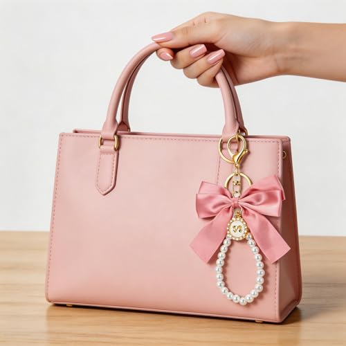 Large Pink Bow Pearl Keychain Set, Elegant Bag Charm with Ribbon and Faux Pearls, Cute Metal Key Ring for Handbags Backpacks Purse Keys, 12 Pieces