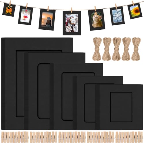 50 Set Black Paper Picture Frames, Includes 3" 4" 5" 6" 7" Cardboard Hanging Photo Frames with Wooden Clips, Strings for Home Decor - color: Black, size: 5 Sizes