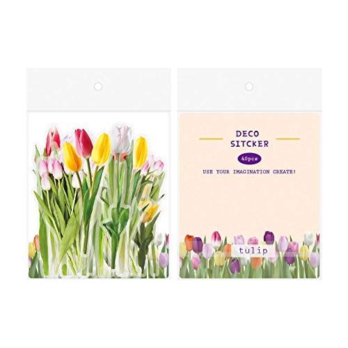 40Pcs Flower Stickers for Water Bottle - Self-Adhesive Transparent Waterproof Vinyl Sticker Decal for Adults Card Decoration DIY Scrapbook Laptop Phone Case Nature Floral Plant Colorful Tulip Stickers - color: Transparent Clear Colorful Ins Style Diy Natu