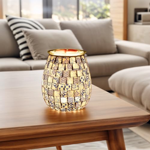 Dicimi Chinese Mosaic Electric Wax Melt Warmer, Handmade Glass Art Candle Warmer Lamp, Plug in Wax Warmer with Night Light 2-in-1, Flameless Wax Melter for Home, Housewarming Birthday Gift - color: Blue Square Pattern