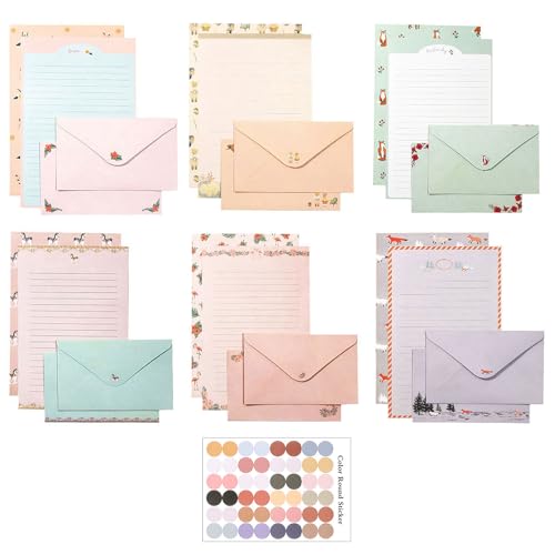 55 Pcs Stationery Paper Envelopes Set | Includes 36 Writing Stationery Paper & 18 Envelopes & 48 Stickers, Letter Writing Stationery Paper Envelopes(6 Style) - color: Cute animals
