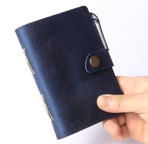 Pocket Notebook with Pen,Genuine Leather Journal Mini Notebook Small Unlined Notepad for Women Men(Blue)