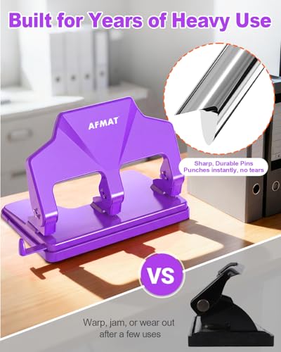 AFMAT 3 Hole Punch Heavy Duty, 40-Sheet Three Hole Punch, 50% Reduced Effort, 3 Hole Puncher for Binder w/Large Chip Tray, 9/32" Holes Diameter, Metal Paper Puncher for Home/Office/School,HP14(Purple) - color: Purple
