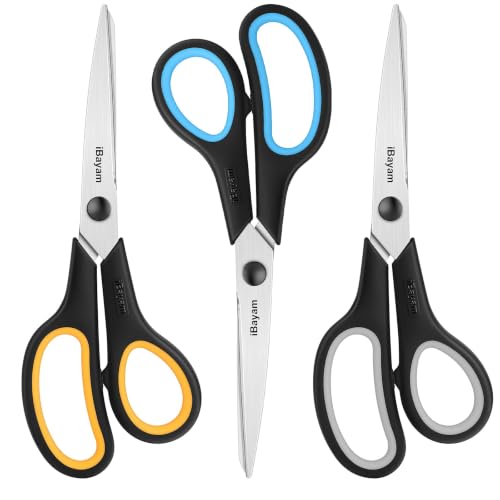 iBayam 8.5" Heavy Duty Black Scissors for Office School Classroom Home Use | Precision 2.5mm Thickness Ultra Sharp Blade| Comfort Grip Right/Left Handles| Multipurpose | Cutting Paper Fabric Packaging - color: Yellow, Grey, Blue, size: 3-Pack