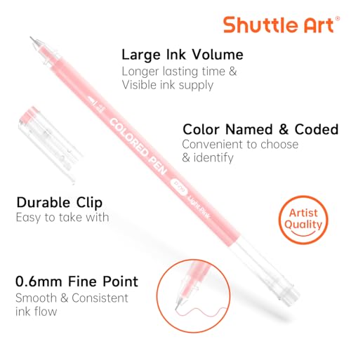 Shuttle Art Colored Pens, 24 Pastel Tone Colors Cute Journal Pens 0.6mm Fine Point Colored Gel Pens for Black Paper Adult Coloring Writing Drawing Journaling Note Taking School Office Home - color: 24 Pastel Tone