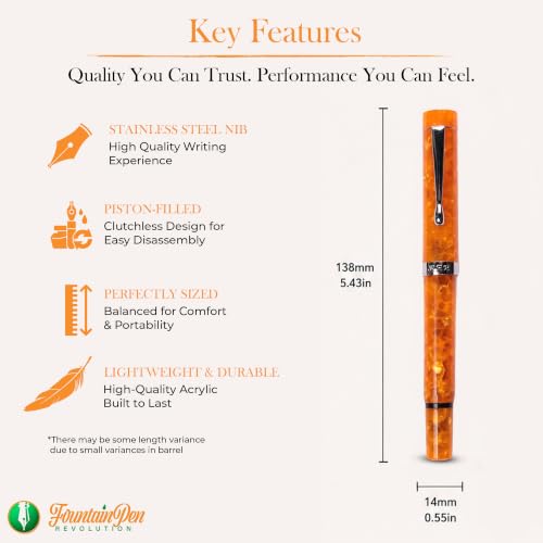 FPR Jaipur V2 Orange Piston Fill Refillable Fountain Pen for Writers - color: Orange Cracked Ice Acrylic