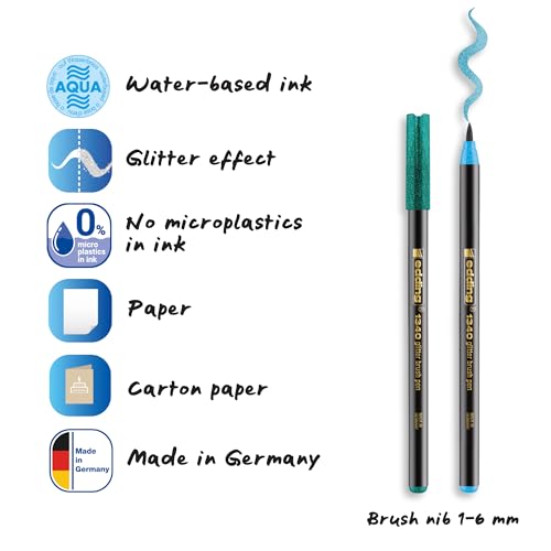 edding 1340 Glitter Brush Pen Set – 10pcs Assorted Colors with Soft Brush Nib, Quick-Drying, Smooth Writing – Glitter Markers for Journals, Planners, Scrapbooking, & Adult Coloring – Made in Germany
