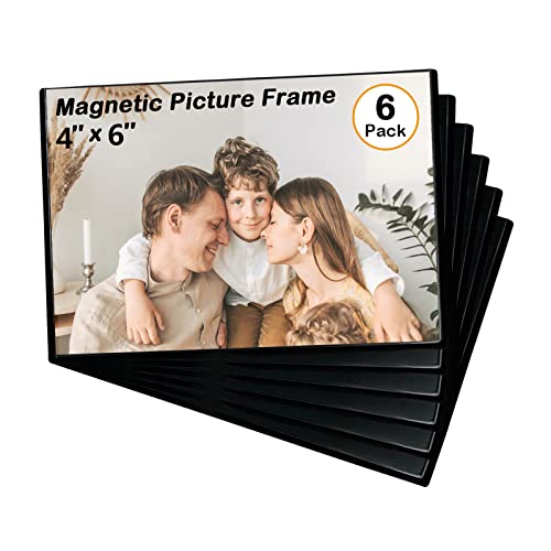 Magnetic Picture Frame, Holds 4X6 Inches Pictures, Reusable Black Magnet Fridge Photo Sleeves for Refrigerator, Locker,Office Cabinet (Black, 6) - style: 6Pcs-4x6-Black