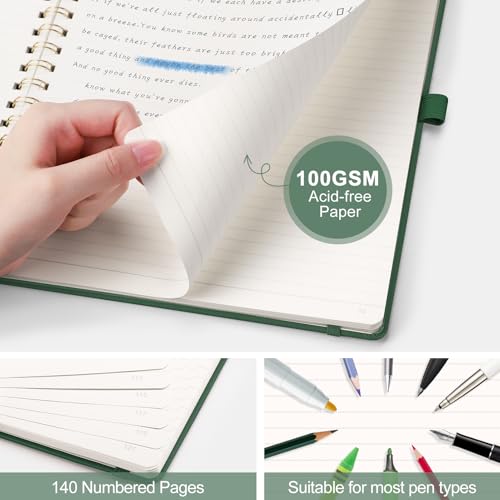 AHGXG Lined Spiral Journal Notebook, 140 Pages, B5 (7.6" x 10") | Journals for Women, Hardcover Leather Notebook College Ruled, 100 GSM Paper, for Work School Note Taking (Dark green) - color: Dark Green, size: B5