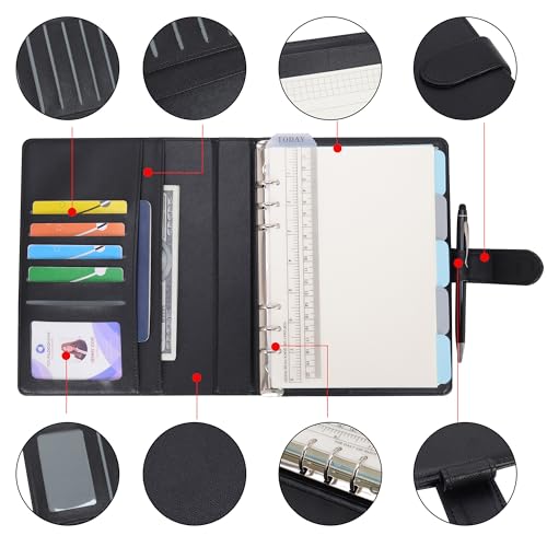 WASON A5 Binder PU Leather Journal Ring Portfolio Lined Notebook Refillable Paper Diary with Removable Clipboard Writing Notepad for Travel Business School Agenda Organizer (Black) - color: Black