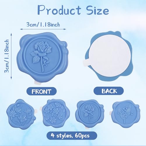 60 Pcs Wax Seal Stickers, Dusty Blue, 4 Flower Styles - color: 4 Flower Styles- Dusty Blue