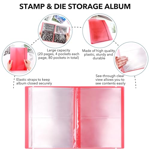 2 Pack Large Sticker Photo Storage Album, Stamp & Cutting Dies Storage Book Organizer Folder for Cards Storage DIY Scrapbooking Card Making Supplies 20 Pages 80 Pockets/Pack (Clear + Green) - color: Clear + Red