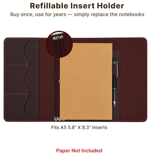 Genuine Leather A5 Notebook Cover – Refillable Journal Case with 3 Elastic Bands, Pen Holder & Inner Pockets, Fits Standard A5 Inserts 5.8 x 8.3 inch (Paper Not Included), Burgundy - size: A5