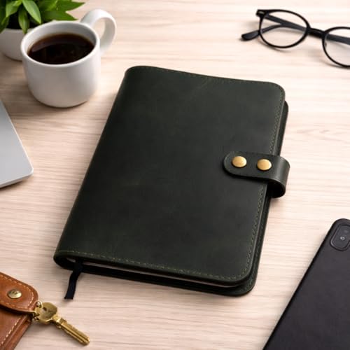 Leather Steno Notebook Cover 6 X 9 In Top-Bound, Green | Handmade Refillable Leather Cover Fits 6 X 9 In Top-Bound Spiral Steno Notebooks For Journaling, Note Taking And Gifting - color: Green