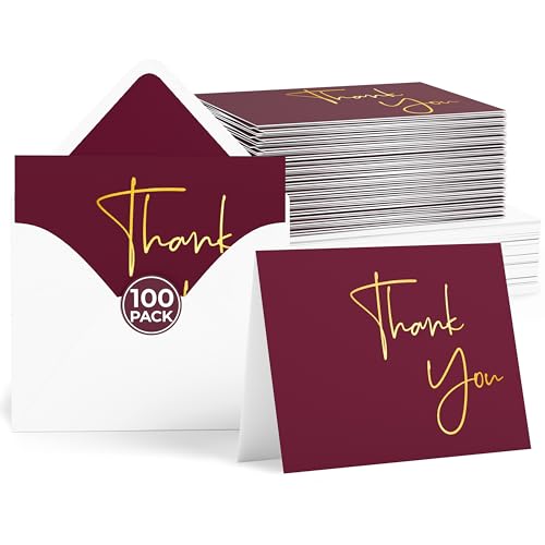 VNS Creations Thank You Cards With Envelopes - 100 Pack 4 x 6 Blank - Wine - color: Wine (Gold Foil), size: 100 Pack - 4" x 6" (Value Pack)