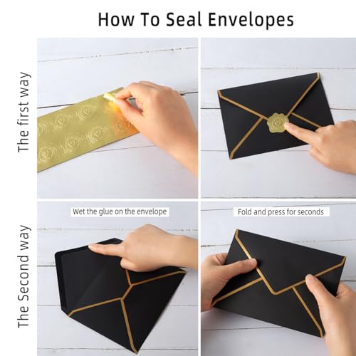 50 Pieces A7 Envelopes with Gold Stickers, Black, 5.24 x 7.21 Inch - color: Black, size: One Size