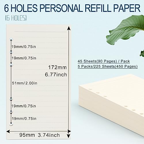 A6 Refill Paper, [5 Pack] Toplive 100GSM Thick Refillable Paper 6 Hole Filler Inserts Loose Leaf Paper 225 Sheets (450 Pages) for 6 Ring Binder Journal Notebook-Lined Paper - style: Line 5 Pack