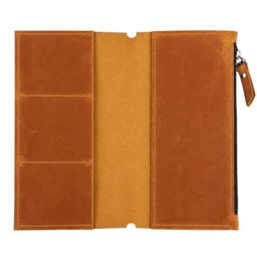 Genuine Leather Journal Insert for Regular Traveler's Notebook (4.1" x 8.3") – Refillable Notebook Organizer with Card Slots & Zipper Pocket, Handmade Leather Planner Accessory, Warm Brown - size: Regular