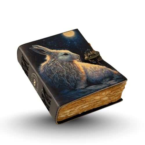 Oficart Handmade Leather Journal – Vintage Diary with Antique Lock & Eco-Friendly Cotton Paper | Celestial Notebook for Writing, Sketching, Travel, Art, Poetry, Spiritual & Gift Use (Rabbit Under Moonlight) - color: Rabbit Under Moonlight