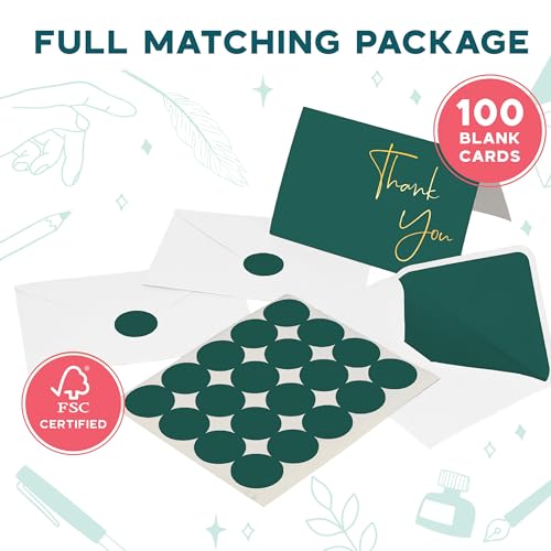 VNS Creations Thank You Cards With Envelopes - 100 Pack 4 x 6 Blank - Green - color: Post Green (Gold Foil), size: 100 Pack - 4" x 6" (Value Pack)