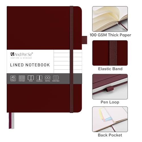 &And Per Se Lined Journal Notebook – A5 5.7”x8” College Ruled, 160 Pages, 100gsm Thick Paper, Journaling Notebooks for Writing (Dark Red) - color: Dark Red, style: Lined 160 pages