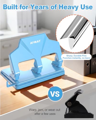 AFMAT 3 Hole Punch Heavy Duty, 40-Sheet Three Hole Punch, 50% Reduced Effort, 3 Hole Puncher for Binder w/Large Chip Tray, 9/32" Holes Diameter, Metal Paper Puncher for Home/Office/School, HP14(Cyan) - color: Cyan
