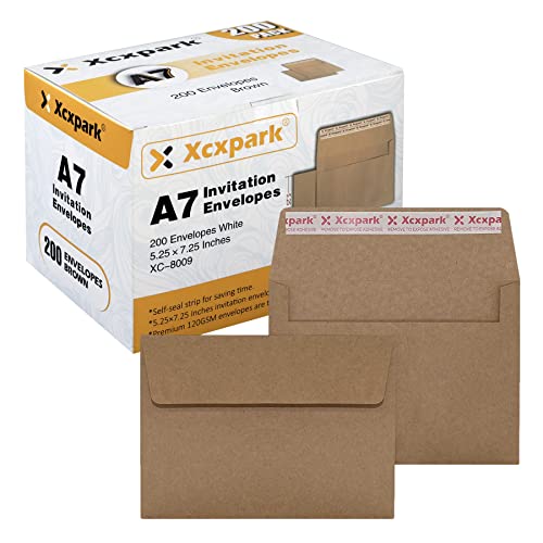 Xxcxpark 200 Qty Printable A7 Invitation Envelopes 5.25 x 7.25, Self Seal 120GSM Brown Kraft Paper Envelopes for Invitations, Papers, Photos, Documents, Wedding, Baby Shower, Easy to Seal - color: Brown, size: 200 Qty A7 Envelopes (5.25" x 7.25")