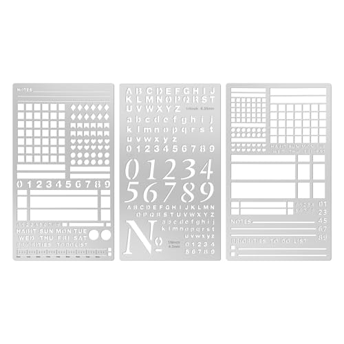 Planner Stencils, 3-Pack Reusable Stainless Steel Bullet Journal Stencils, 4 x 7 Inch Templates for A5 Bullet Journals, Bullet Journal Supplies for Creative Drawing, Habit Trackers and Calendars