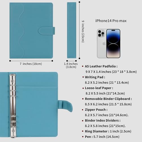 WASON A5 Binder PU Leather Journal Ring Portfolio Lined Notebook Refillable Paper Diary with Removable Clipboard Writing Notepad for Travel Business School Agenda Organizer (Cyan) - color: Cyan