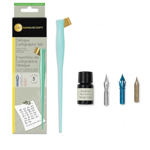 MANUSCRIPT Modern Calligraphy Oblique Set, Mint Holder, 3 Nibs | 3 Leonardt nibs, mint oblique holder, 7ml black ink and luxury tin. Modern calligraphy and Copperplate. - color: Multi Color