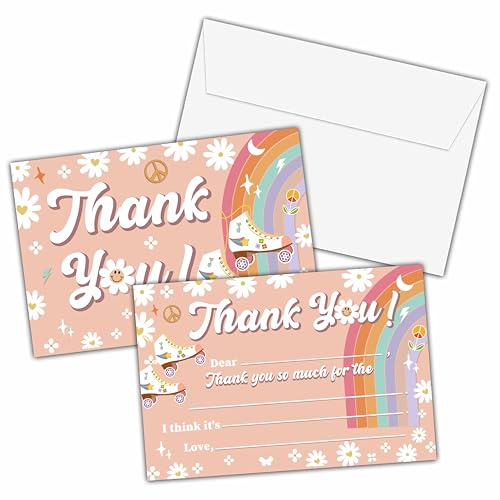 Roller Skating Thank You Cards, Rainbow Daisy Themed Fill In The Blank Thank You Card, Thank You Notes for Boys and Girls, Birthday Party / Baby Shower Favors (20 Set of Cards with Envelopes) - B12 - color: Skate