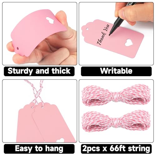 G2PLUS 100PCS Kraft Paper Gift Tags, Hollow Heart Tag with Twine, 3.5x1.6in - style: Hollow Heart Pink