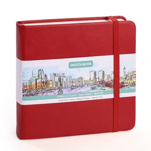 Hardcover Pocket Sketchbook, 5" × 5", 80 Sheets Small Sketch Book, Red - color: Red