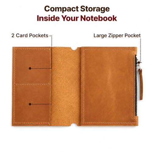Leather Insert for Pocket Size Notebook (4" x 5.1") – Handmade Notebook Organizer with Card Slots & Zipper Pocket, Refillable Journal Insert, Travel Notebook Insert, Planner Insert, Warm Brown - size: Pocket Size
