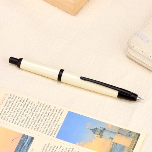 Jinhao 20 Press Fountain Pen, Ivory White Retractable Medium Nib with Ink Converter Set (Black Clip) - color: Ivory White (Black Clip), style: Medium