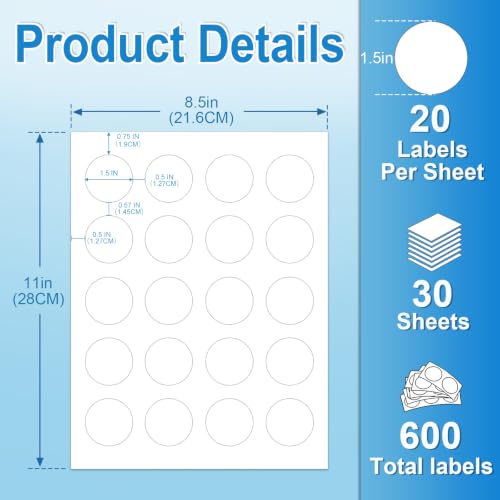 1.5 Inch Round Labels for Laser & Inkjet Printers, Printable Circle Stickers for Wedding Favor, Candle, Cosmetic Jar & Handmade Craft Labels, 600 Adhesive Labels (30 Sheets) with Free Template - size: 1.5 IN-30 Sheets(HB-C020)