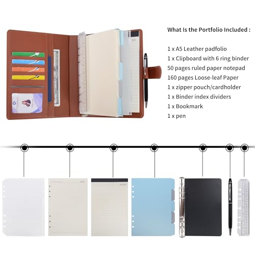 WASON A5 Binder PU Leather Journal Ring Portfolio Lined Notebook Refillable Paper Diary with Removable Clipboard Writing Notepad for Travel Business School Agenda Organizer (Brown) - color: Brown