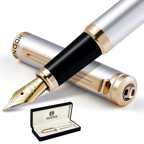 Silver Luxury Fountain Pen Set for Men and Women with Gift Box, 24K Gold Finish and Gilded Nib(Extra Fine) - color: Silver, style: Extra Fine Nib