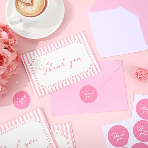Whaline 24Pcs Pink Thank You Cards Striped Blank Note Cards with Envelopes Stickers Minimalist Pink Stripe Greeting Card for Wedding Birthday Baby Shower, 4 x 6 Inch - color: Pink