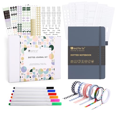 &And Per Se Junk Journal Kit, A5 Hardcover Dot Grid Journal Notebook Set for Beginners with Journaling Supplies Stencils, Stickers, Washi Tapes & Colored Pens Accessories (Dark Blue) - color: Dark Blue, size: 176-Dotted Journal Kit