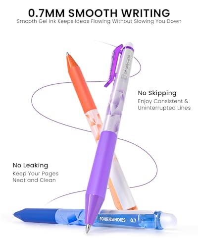 Four Candies Erasable Gel Pens, 0.7 mm Fine Point Pens, 12 Assorted Colors | Make Mistakes Disappear, Erasable Pens Multicolor, Retractable Erasable Pens for School, Journaling & Office Writing - color: 12 Colors