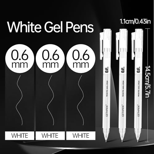 GETHPEN White Gel Pens, 0.6mm Fine Point Opaque Archival Ink Pens, 3 Pack | Opaque White Archival Ink Pens for Black Paper Drawing, Sketching, Illustration, Bullet Journaling - size: 0.6 mm, style: 3 Pack White